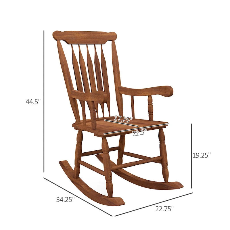 Fauteuil à bascule d'extérieur en bois, supportant jusqu'à 159 kg (350 lb), avec dossier haut.