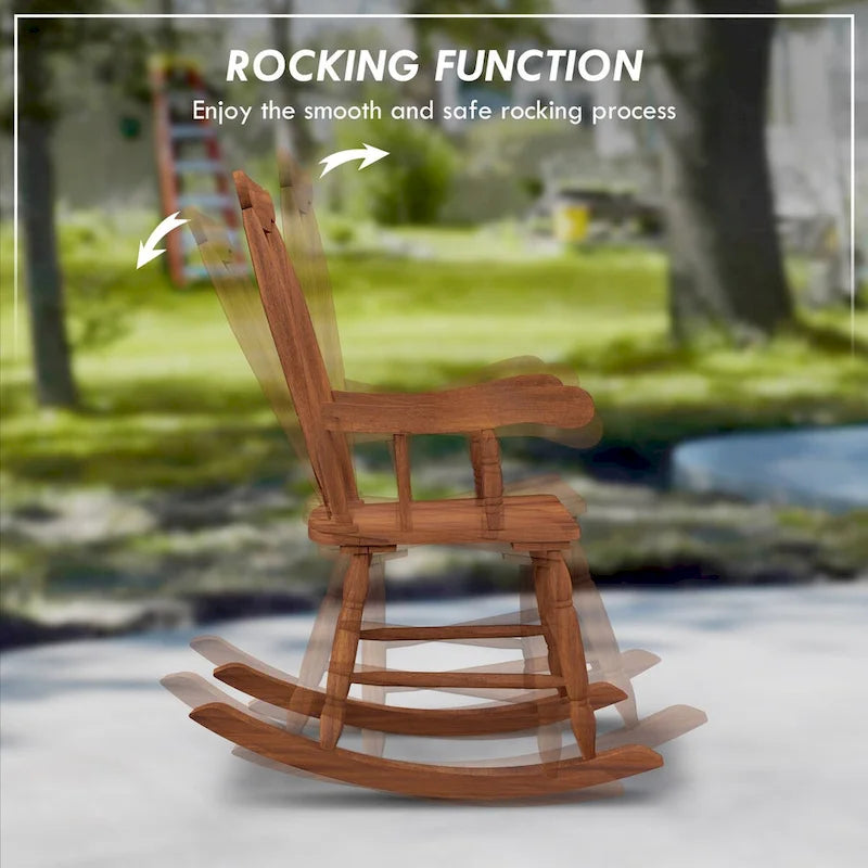 Fauteuil à bascule d'extérieur en bois, supportant jusqu'à 159 kg (350 lb), avec dossier haut.
