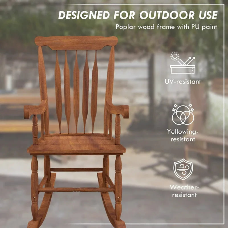 Fauteuil à bascule d'extérieur en bois, supportant jusqu'à 159 kg (350 lb), avec dossier haut.