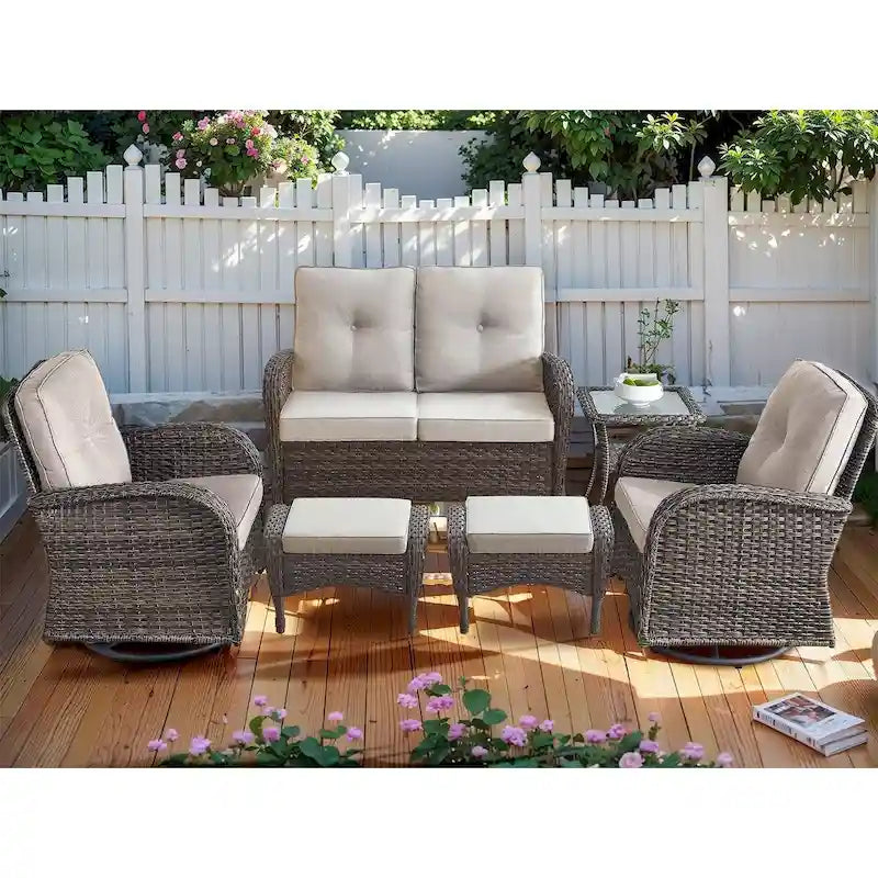 Canapé-lit de patio à bascule avec fauteuil pivotant et pouf - Marron