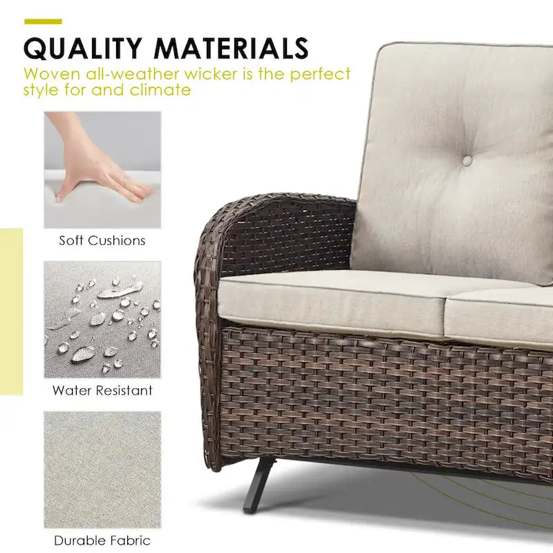 Canapé-lit de patio à bascule avec fauteuil pivotant et pouf - Marron