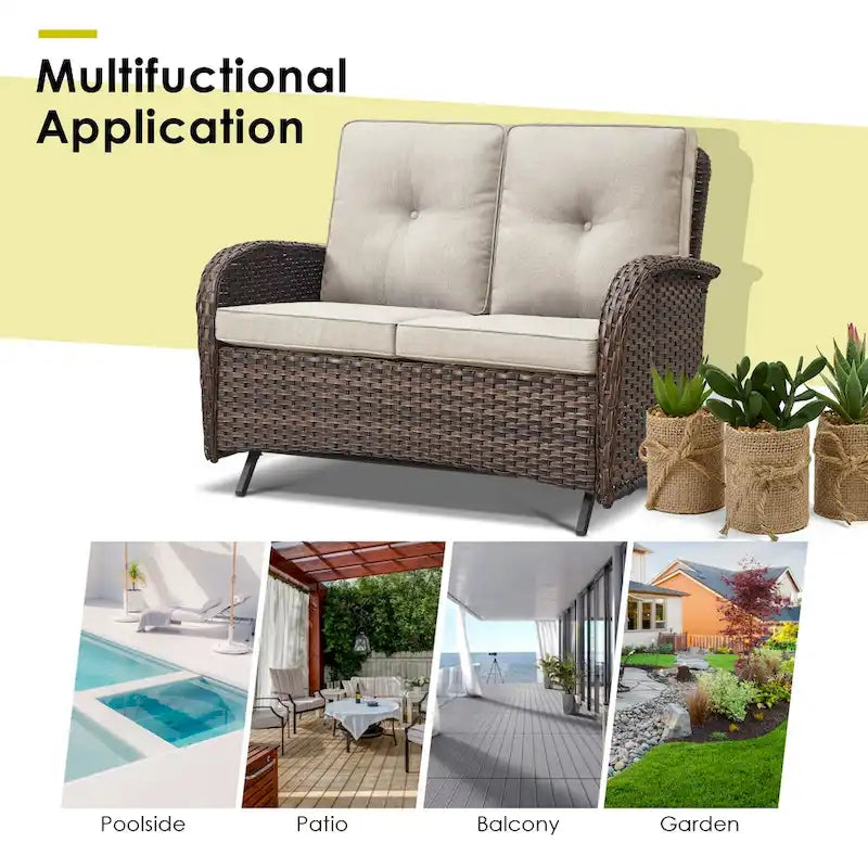 Canapé-lit de patio à bascule avec fauteuil pivotant et pouf - Marron
