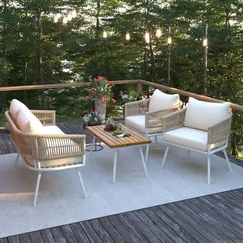 Ensemble de mobilier de patio bohème 4 pièces en corde, comprenant un canapé de conversation et une table en bois d'acacia, idéal pour jardin, terrasse ou balcon.