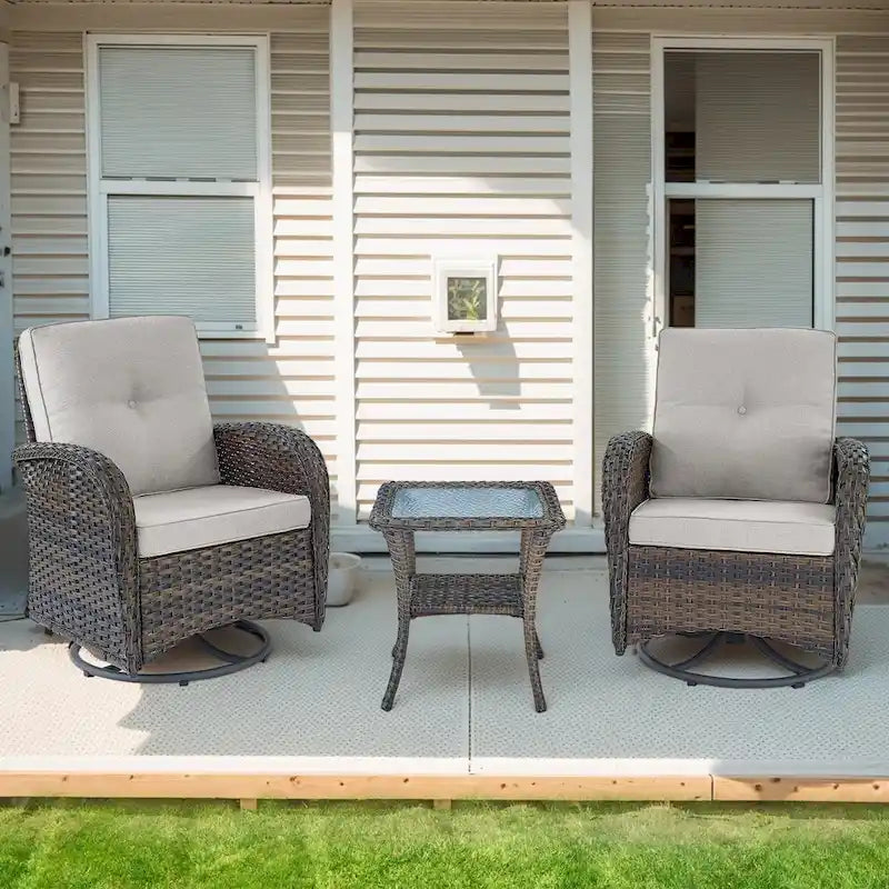 Outdoor Swivel Chairs with Rattan Side Table - Brown