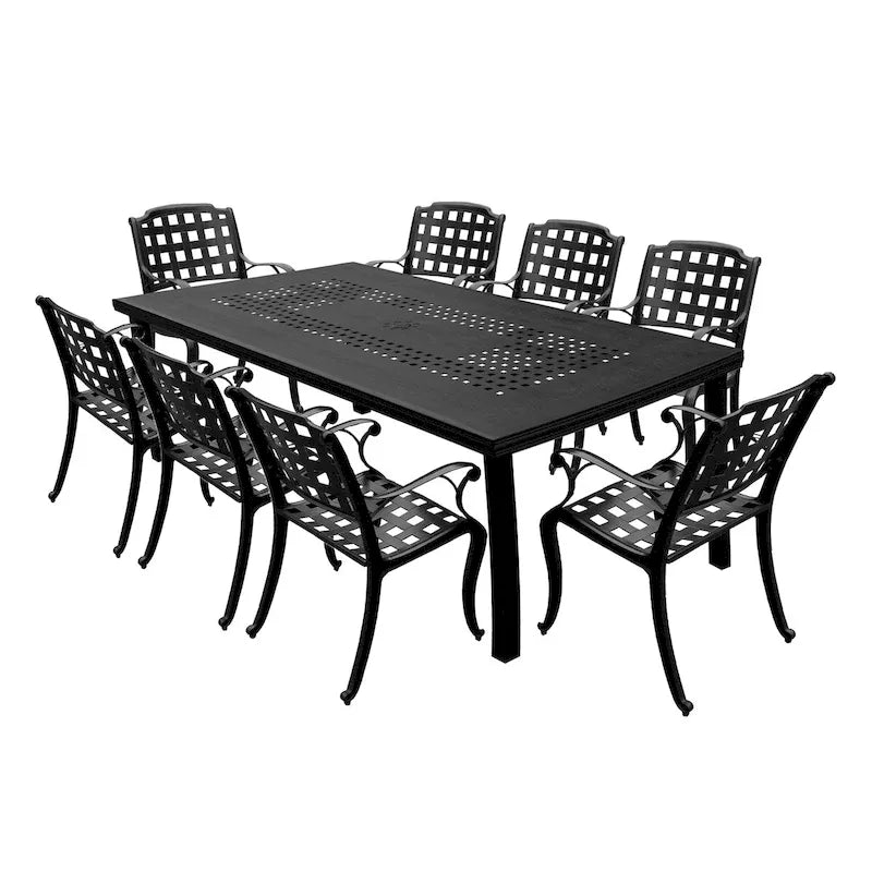 Ensemble de salle à manger rectangulaire moderne d'extérieur en aluminium à mailles ajourées, 241 cm (95 po), avec huit chaises et accoudoirs - Non disponible