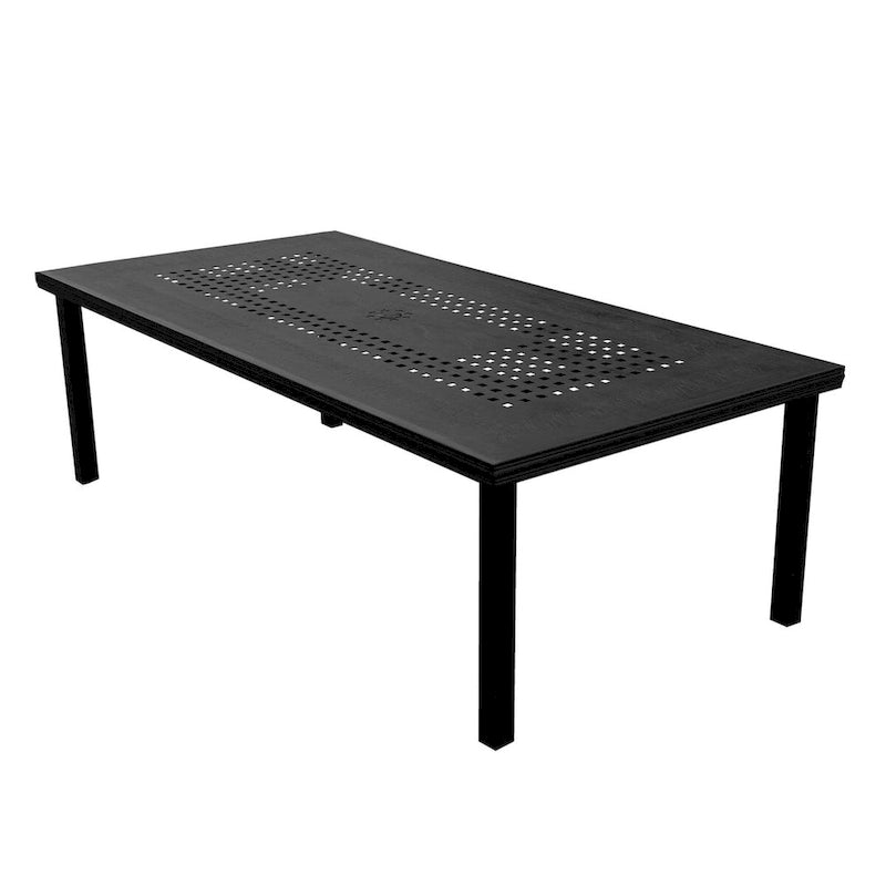 Ensemble de salle à manger rectangulaire moderne d'extérieur en aluminium à mailles ajourées, 241 cm (95 po), avec huit chaises et accoudoirs - Non disponible