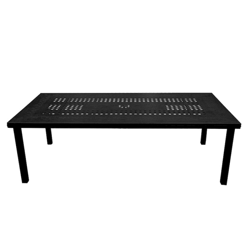 Ensemble de salle à manger rectangulaire moderne d'extérieur en aluminium à mailles ajourées, 241 cm (95 po), avec huit chaises et accoudoirs - Non disponible