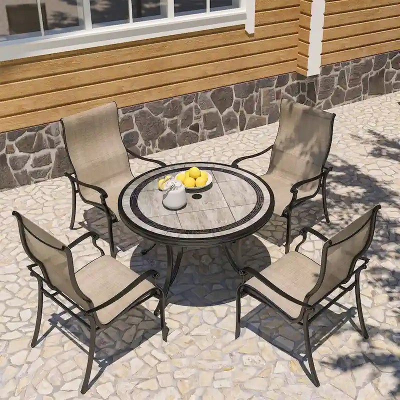 Ensemble de salle à manger d'extérieur 5 pièces en aluminium moulé avec table ronde et chaises à plateau en céramique