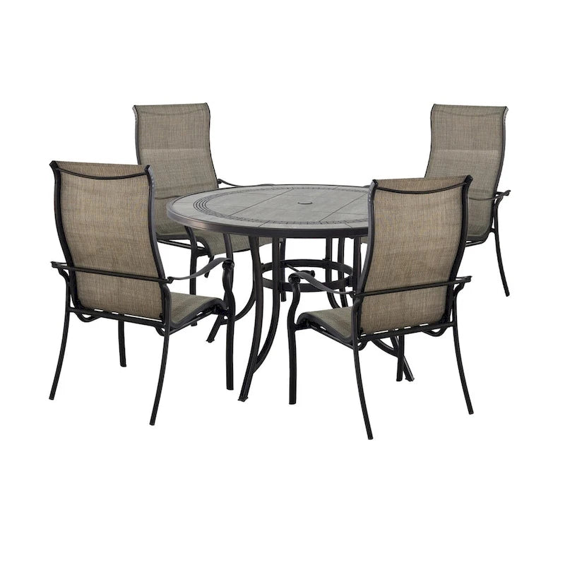 Ensemble de salle à manger d'extérieur 5 pièces en aluminium moulé avec table ronde et chaises à plateau en céramique