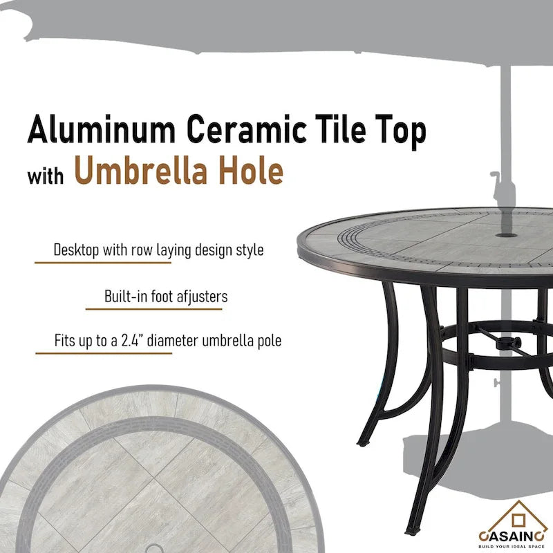 Ensemble de salle à manger d'extérieur 5 pièces en aluminium moulé avec table ronde et chaises à plateau en céramique