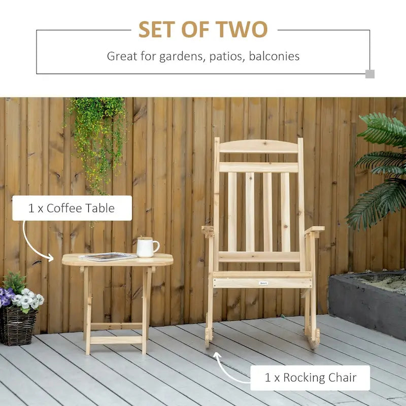 Ensemble bistro d'extérieur 2 pièces, comprenant un fauteuil à bascule en bois et une table d'appoint portable.