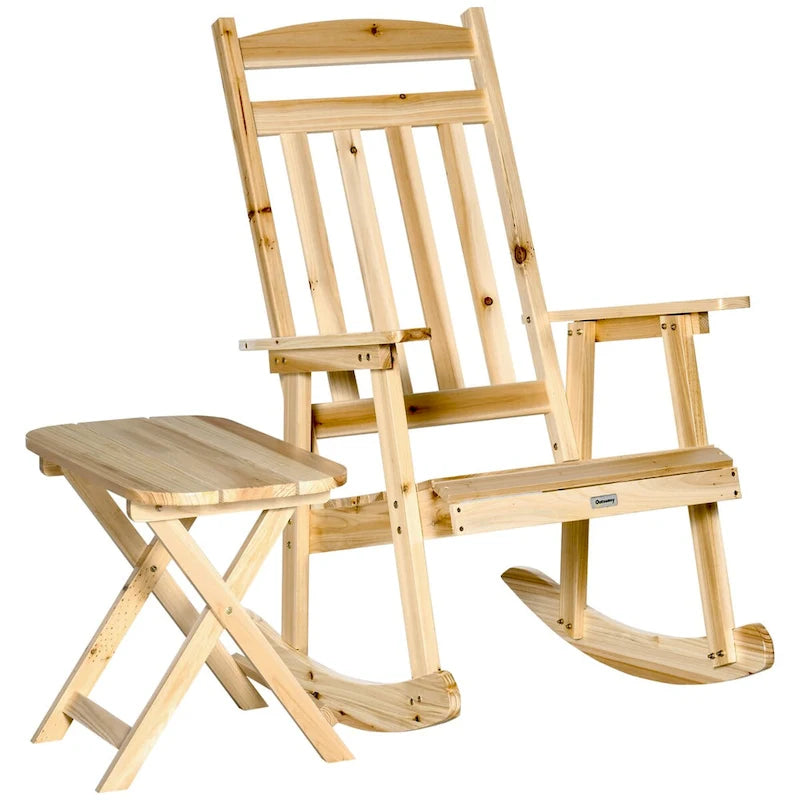 Ensemble bistro d'extérieur 2 pièces, comprenant un fauteuil à bascule en bois et une table d'appoint portable.