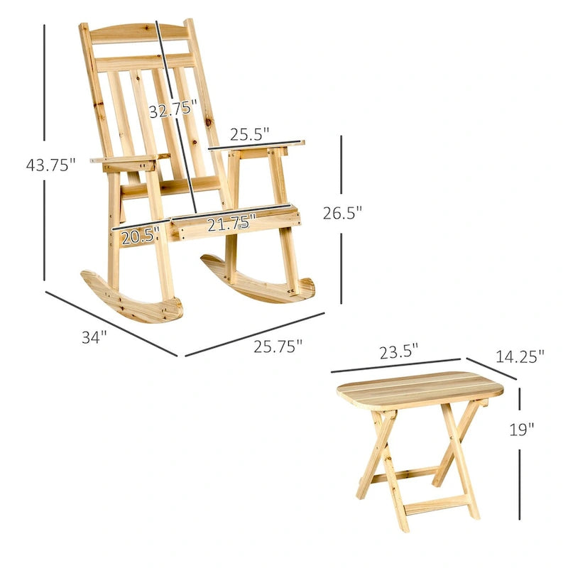 Ensemble bistro d'extérieur 2 pièces, comprenant un fauteuil à bascule en bois et une table d'appoint portable.