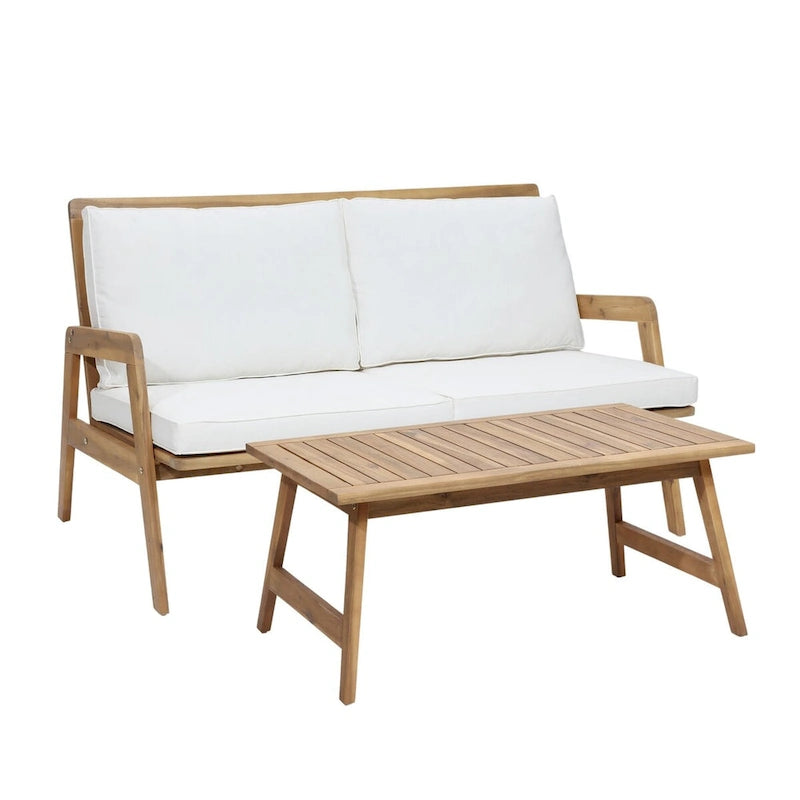 Ensemble de sièges d'extérieur en bois d'acacia, table basse et causeuse avec coussins