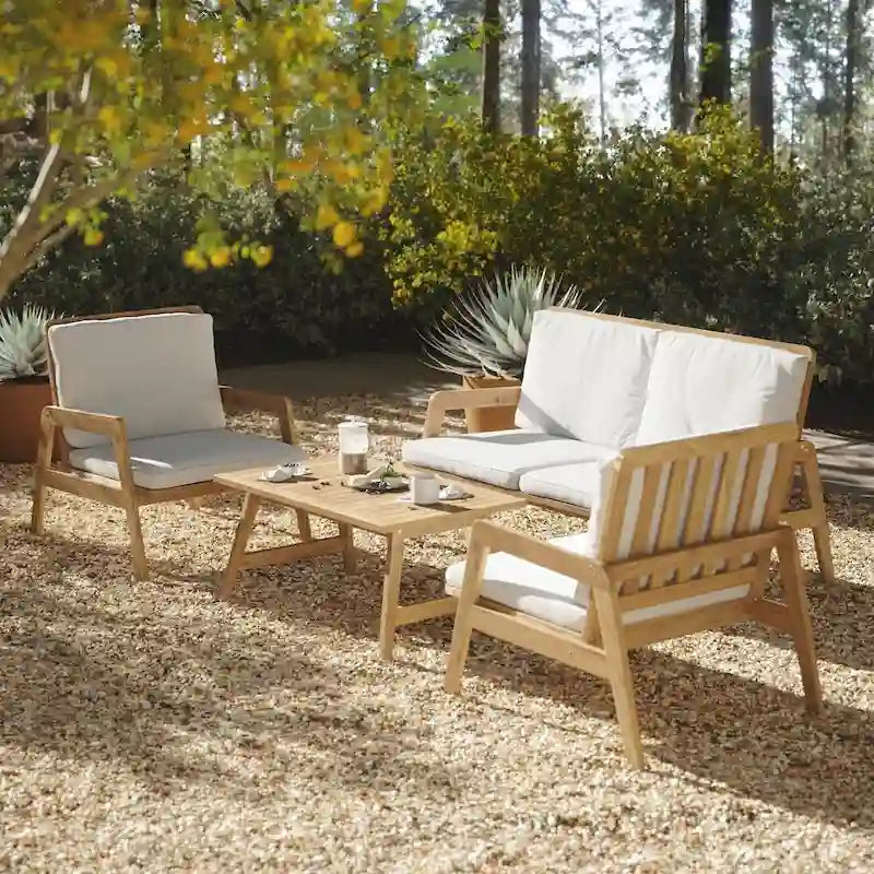 Ensemble de sièges d'extérieur en bois d'acacia, table basse et causeuse avec coussins