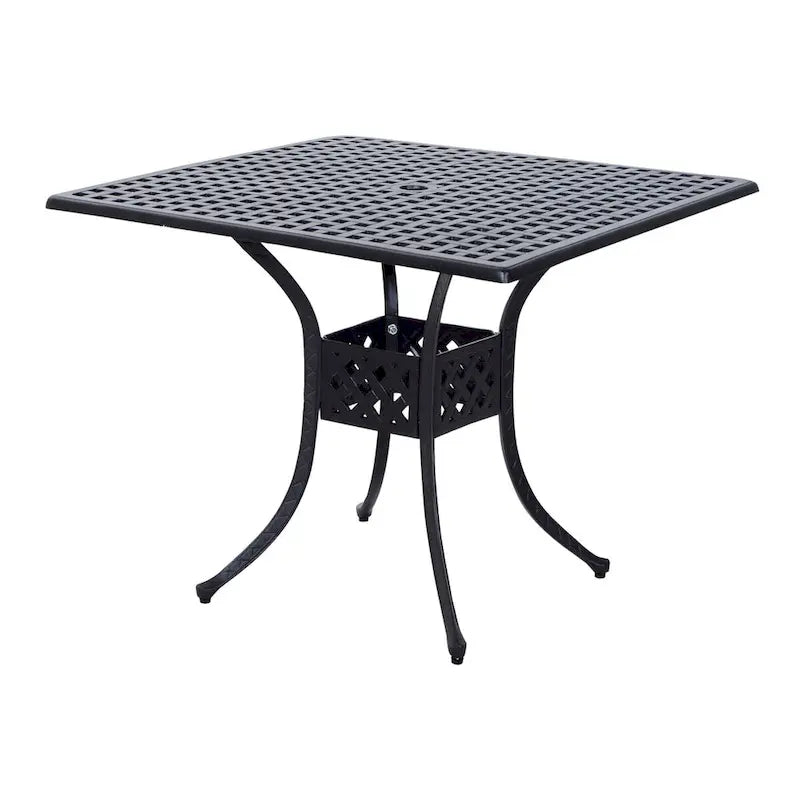 Table de salle à manger carrée en fonte d'aluminium pour patio avec trou pour parasol de 5 cm de diamètre, table bistro d'extérieur