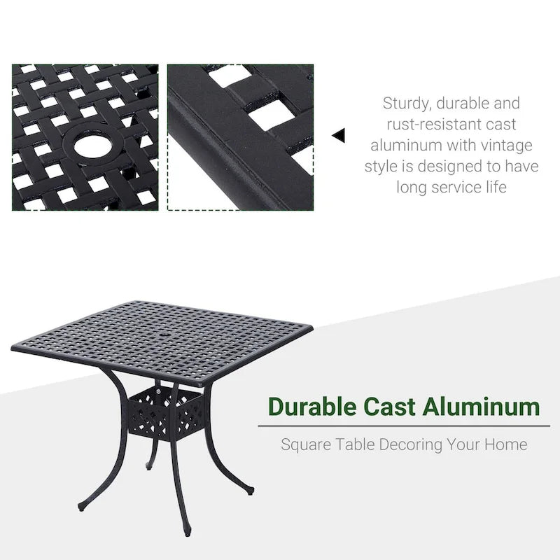 Table de salle à manger carrée en fonte d'aluminium pour patio avec trou pour parasol de 5 cm de diamètre, table bistro d'extérieur