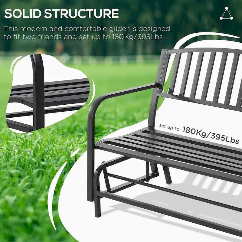 Banc à bascule d'extérieur, avec accoudoirs, assise et dossier à lattes, canapé deux places avec structure en acier thermolaqué