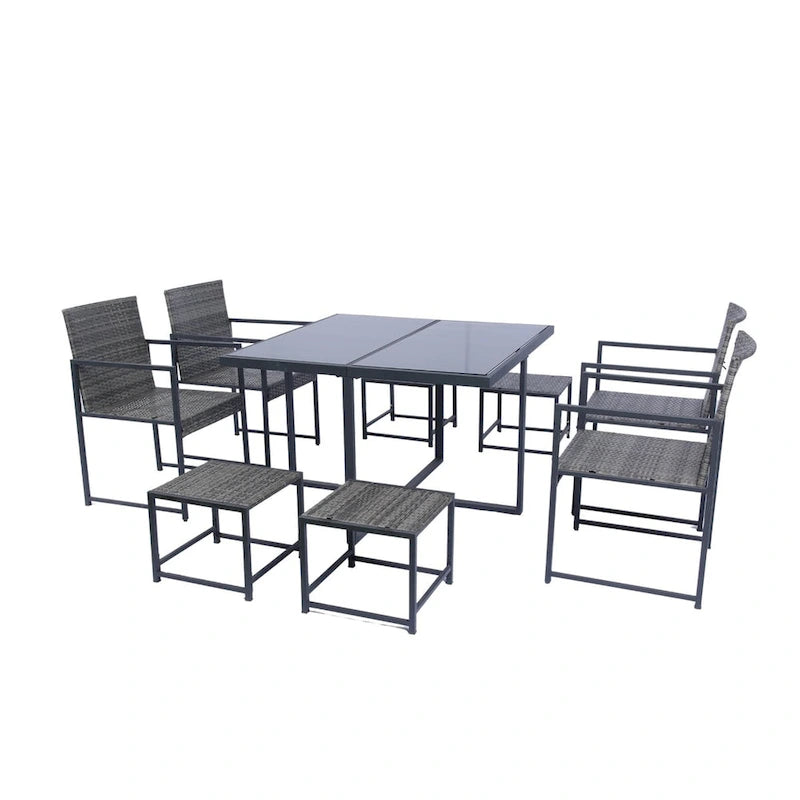 Ensemble de salle à manger d'extérieur 9 pièces avec plateau en verre et coussins gris - Non disponible