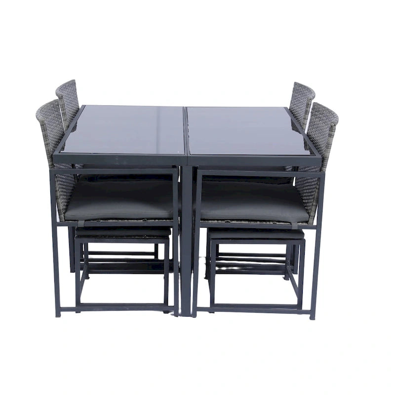 Ensemble de salle à manger d'extérieur 9 pièces avec plateau en verre et coussins gris - Non disponible