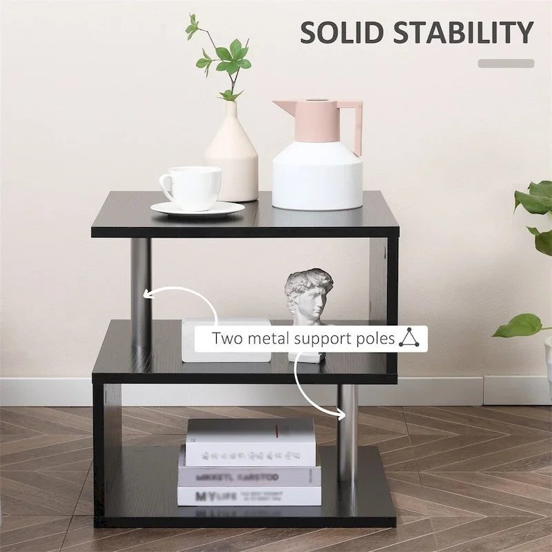 Table d'appoint, table basse en forme de S avec étagère de rangement