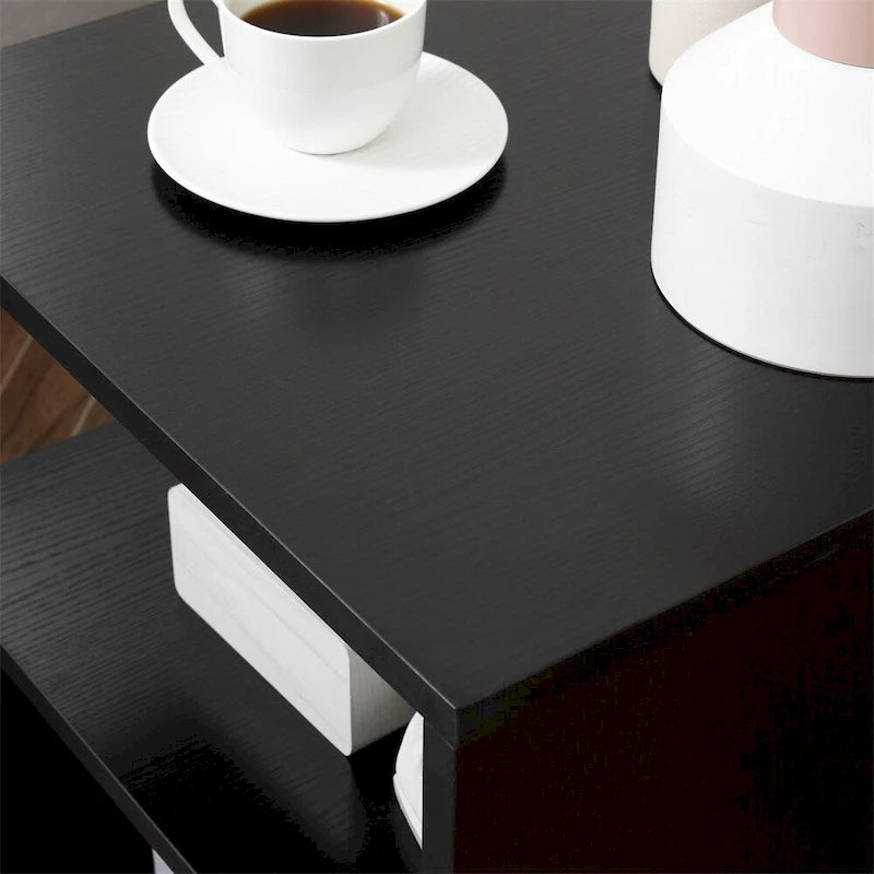 Table d'appoint, table basse en forme de S avec étagère de rangement