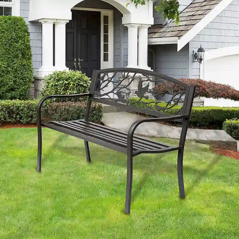 Banc de jardin Outsunny 50, banc de terrasse extérieur à motif animalier, banc en acier moulé
