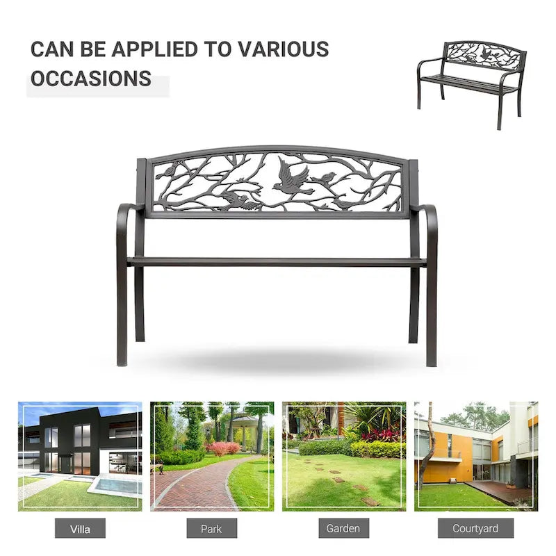 Banc de jardin Outsunny 50, banc de terrasse extérieur à motif animalier, banc en acier moulé