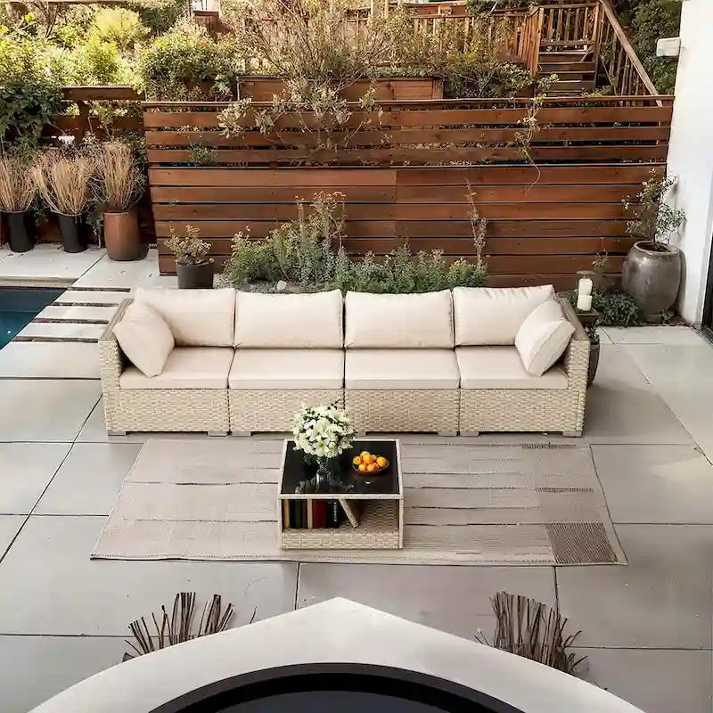 Ensemble de mobilier de patio 5 pièces, canapé d'angle bohème résistant aux intempéries avec coussins épais gris imperméables