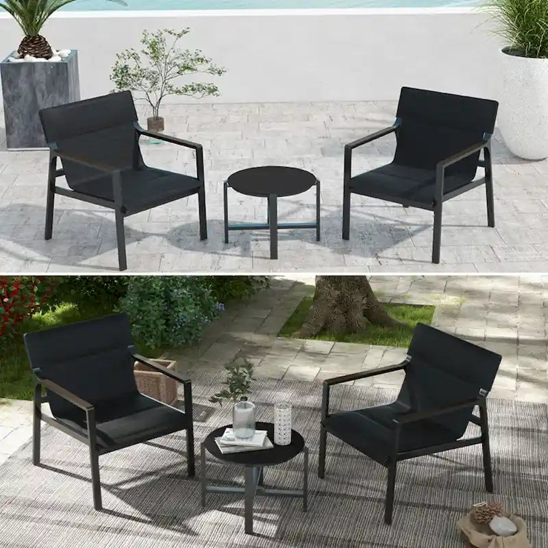 Fauteuils en toile, ensemble de conversation avec table d'appoint, structure en aluminium (ensemble de 3)