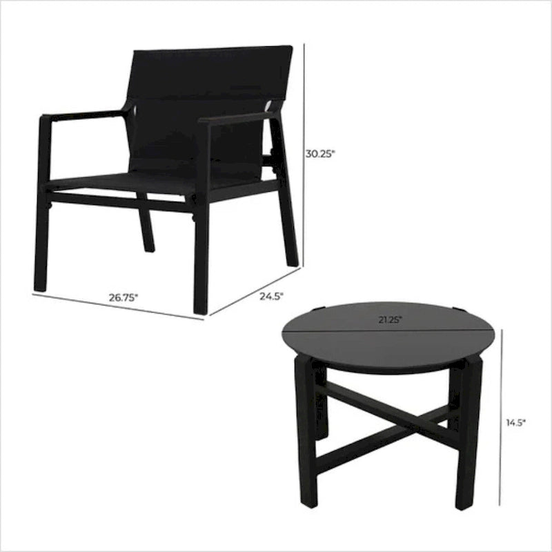 Fauteuils en toile, ensemble de conversation avec table d'appoint, structure en aluminium (ensemble de 3)