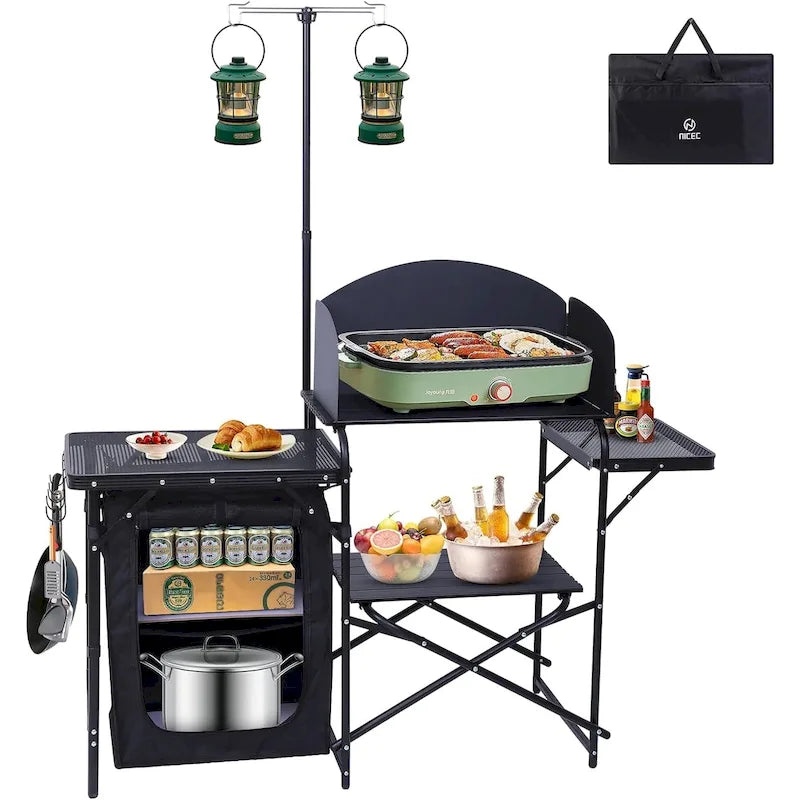 Station de cuisine de camping, table de camping, table de pique-nique, table de cuisson pliante avec barbecue, support d'éclairage amélioré et station de cuisson avec pare-brise
