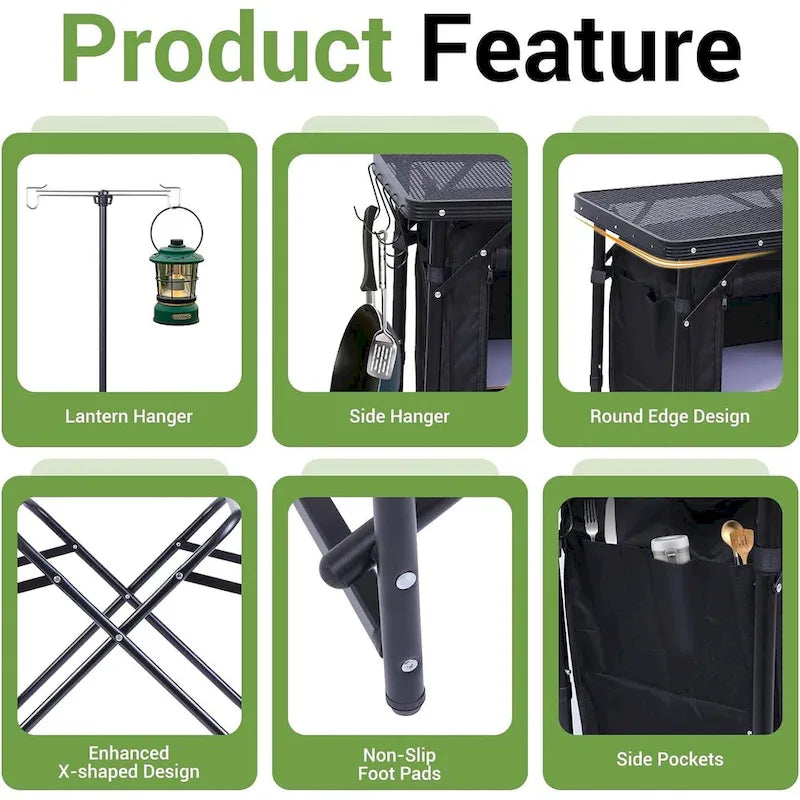 Station de cuisine de camping, table de camping, table de pique-nique, table de cuisson pliante avec barbecue, support d'éclairage amélioré et station de cuisson avec pare-brise