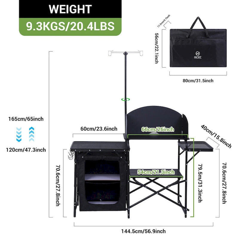 Station de cuisine de camping, table de camping, table de pique-nique, table de cuisson pliante avec barbecue, support d'éclairage amélioré et station de cuisson avec pare-brise
