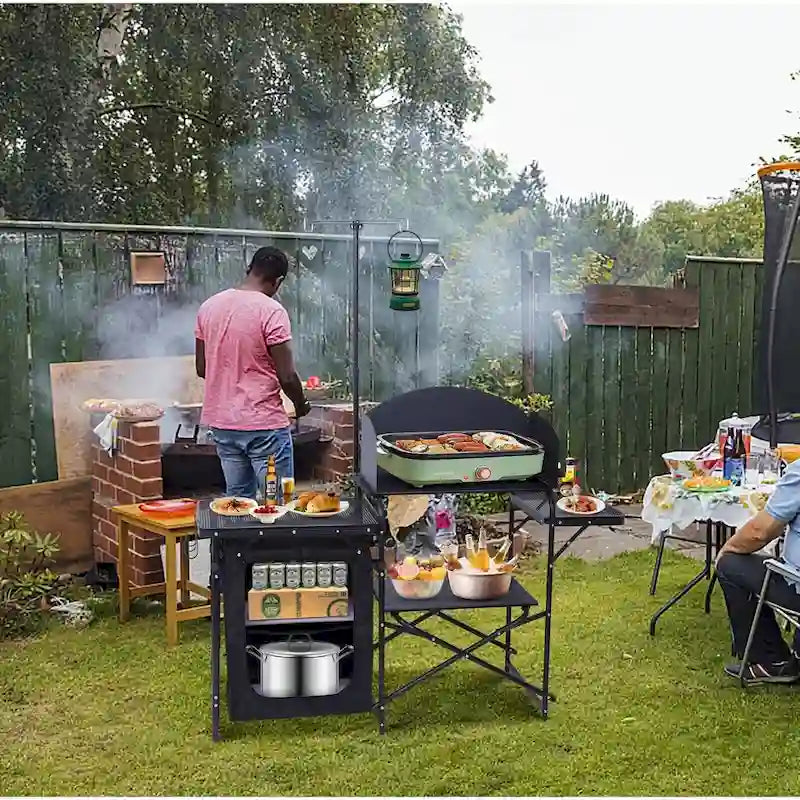 Station de cuisine de camping, table de camping, table de pique-nique, table de cuisson pliante avec barbecue, support d'éclairage amélioré et station de cuisson avec pare-brise