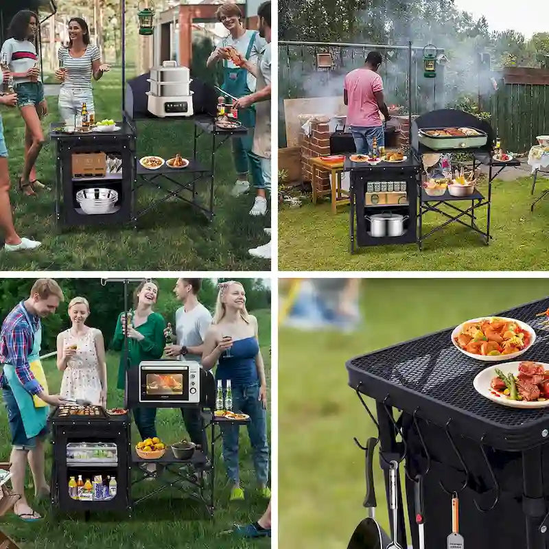 Station de cuisine de camping, table de camping, table de pique-nique, table de cuisson pliante avec barbecue, support d'éclairage amélioré et station de cuisson avec pare-brise