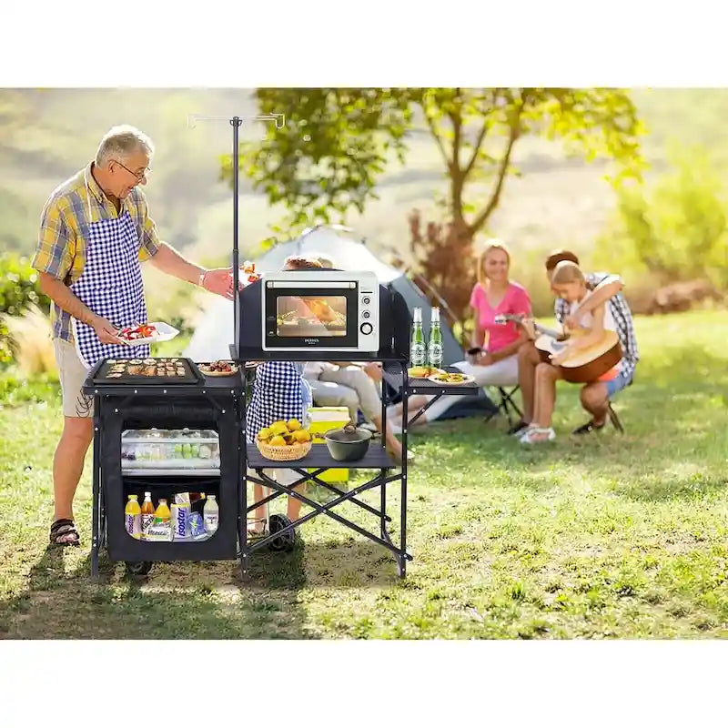 Station de cuisine de camping, table de camping, table de pique-nique, table de cuisson pliante avec barbecue, support d'éclairage amélioré et station de cuisson avec pare-brise