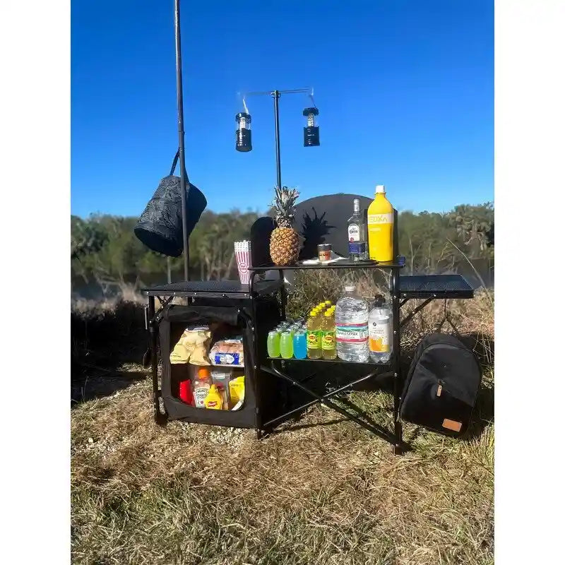 Station de cuisine de camping, table de camping, table de pique-nique, table de cuisson pliante avec barbecue, support d'éclairage amélioré et station de cuisson avec pare-brise
