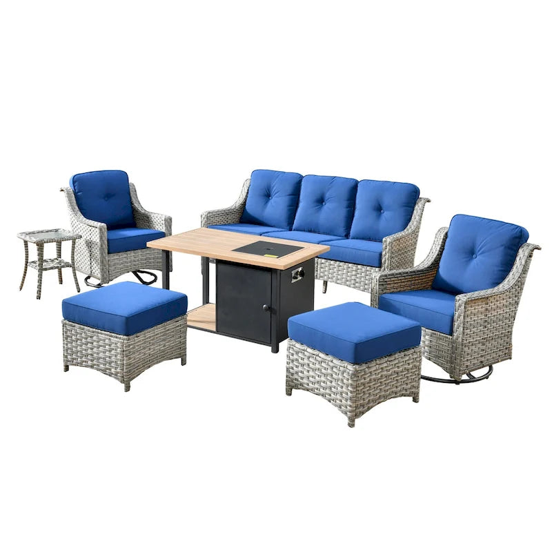 Ensemble de 7 chaises pivotantes incurvées en osier d'extérieur OVIOS avec table de feu