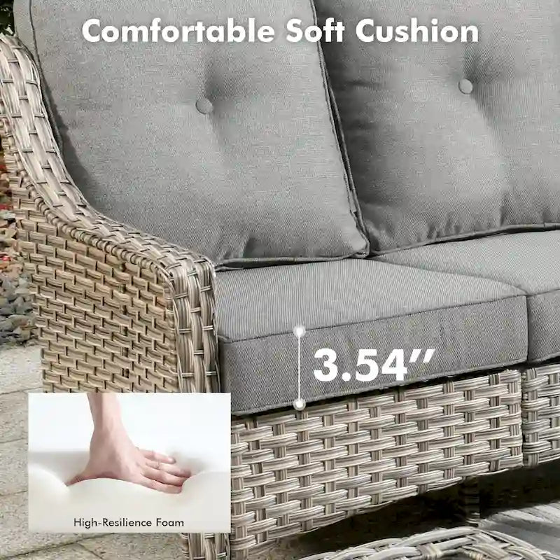 Ensemble de 7 chaises pivotantes incurvées en osier d'extérieur OVIOS avec table de feu