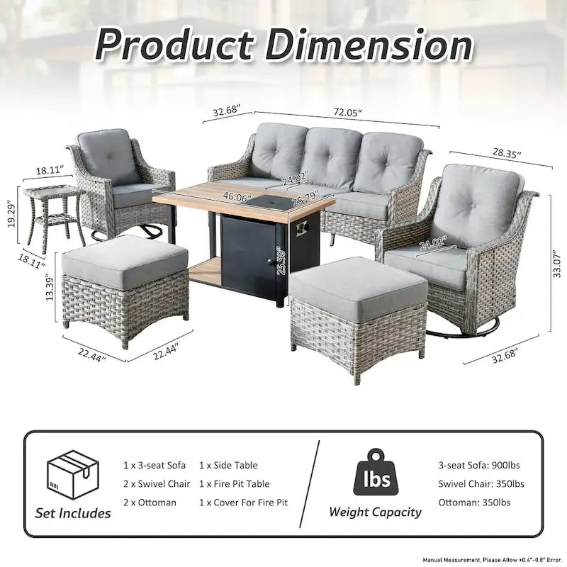Ensemble de 7 chaises pivotantes incurvées en osier d'extérieur OVIOS avec table de feu