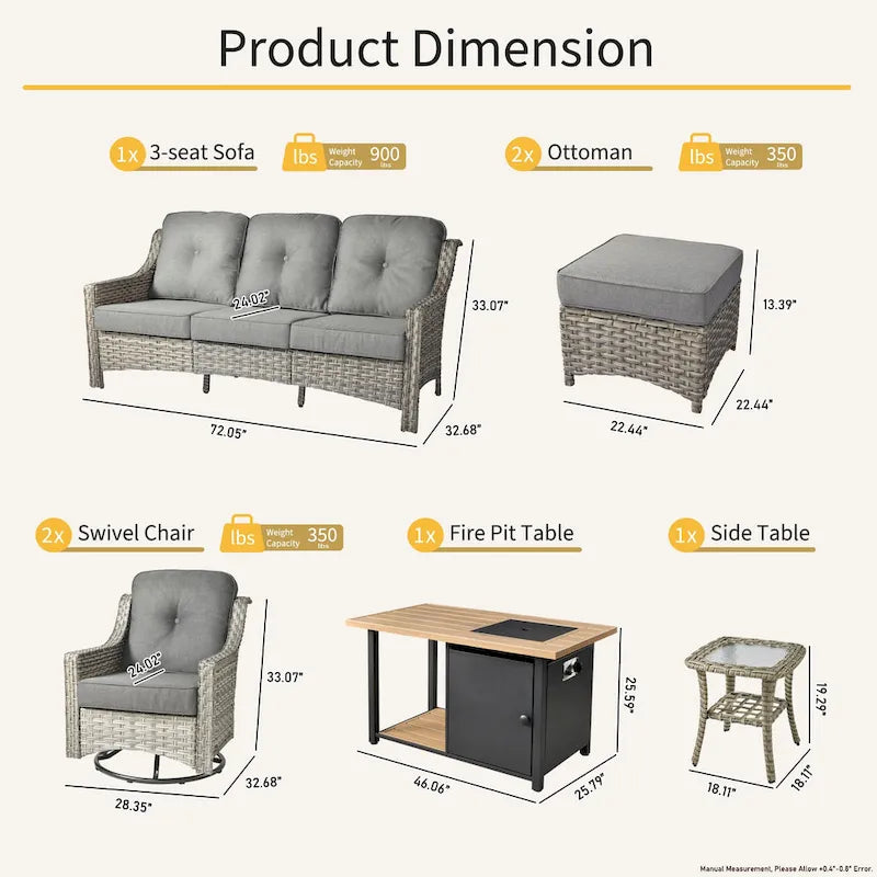 Ensemble de 7 chaises pivotantes incurvées en osier d'extérieur OVIOS avec table de feu