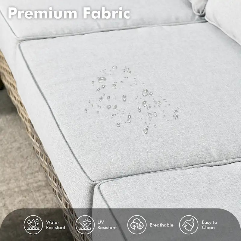 Ensemble de 7 chaises pivotantes incurvées en osier d'extérieur OVIOS avec table de feu