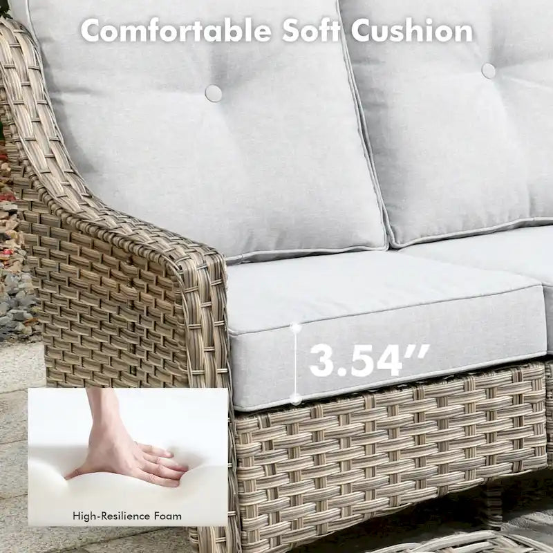 Ensemble de 7 chaises pivotantes incurvées en osier d'extérieur OVIOS avec table de feu