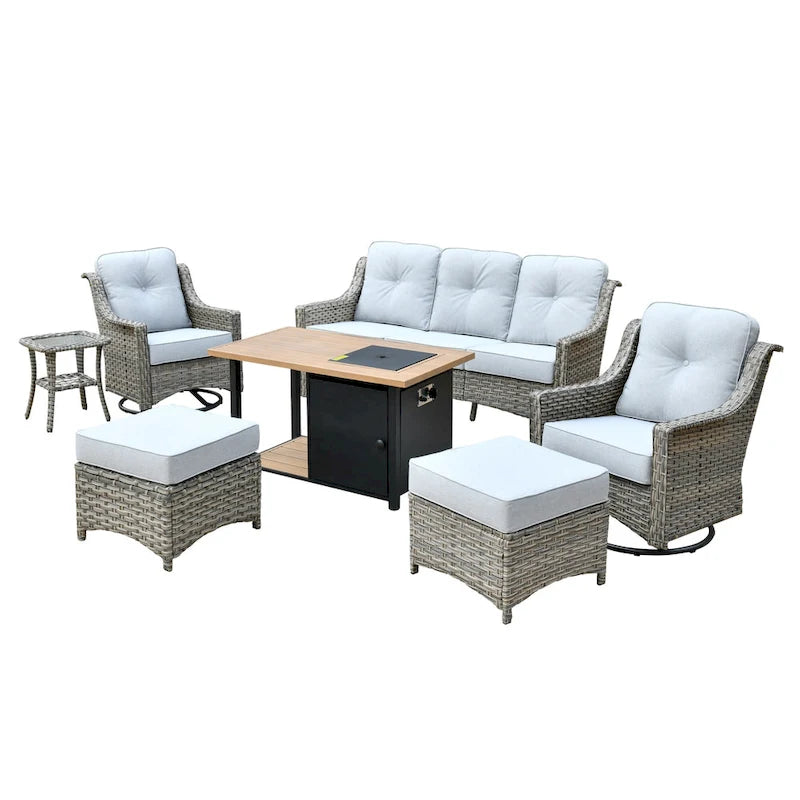 Ensemble de 7 chaises pivotantes incurvées en osier d'extérieur OVIOS avec table de feu