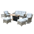 Ensemble de 7 chaises pivotantes incurvées en osier d'extérieur OVIOS avec table de feu