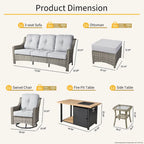 Ensemble de 7 chaises pivotantes incurvées en osier d'extérieur OVIOS avec table de feu