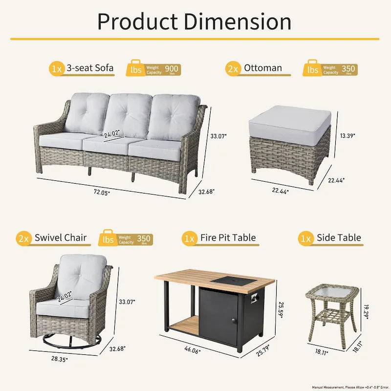 Ensemble de 7 chaises pivotantes incurvées en osier d'extérieur OVIOS avec table de feu