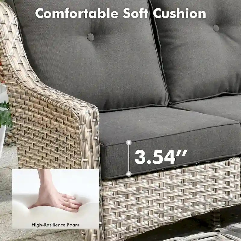 Ensemble de 7 chaises pivotantes incurvées en osier d'extérieur OVIOS avec table de feu