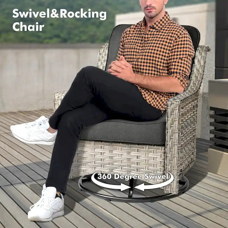 Ensemble de 7 chaises pivotantes incurvées en osier d'extérieur OVIOS avec table de feu